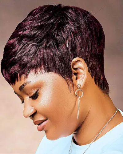 Merlot-Inspired Layered Pixie for Round Faces on black ladies with style