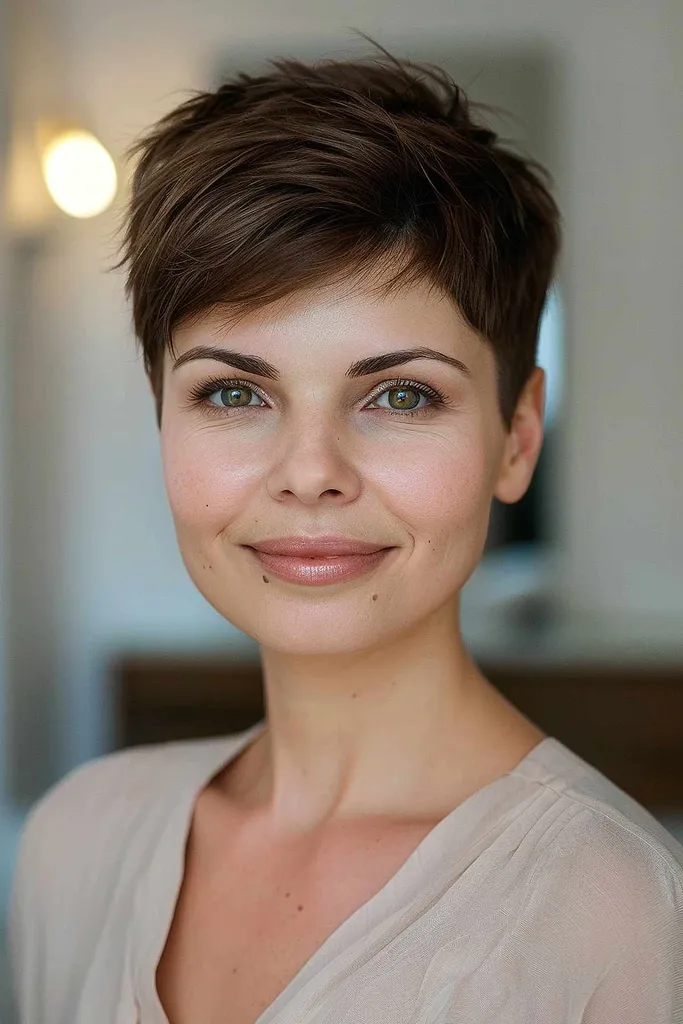 Slāņaina brunete laumiņa piegriezums ar mīkstu bārkstis' title=