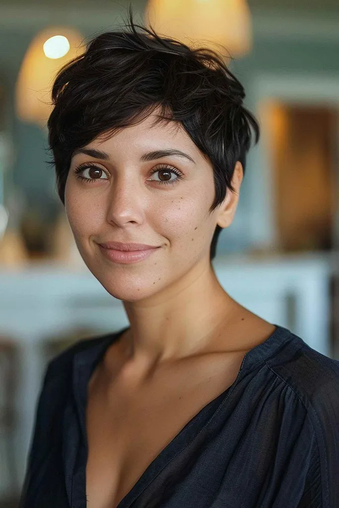 Slāņains garš laumiņas griezums ar īsām kārtām ap vainagu un garākām bārkstīm smalkiem matiem' title=