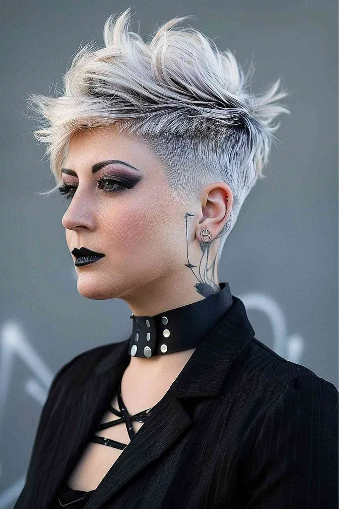 Punk pixie strih s platinovými blond končekmi a tmavým základom navrhnutý tak, aby dodal objem a textúru jemným vlasom s ostrými kontrastmi a ostnatým stylingom.' title=