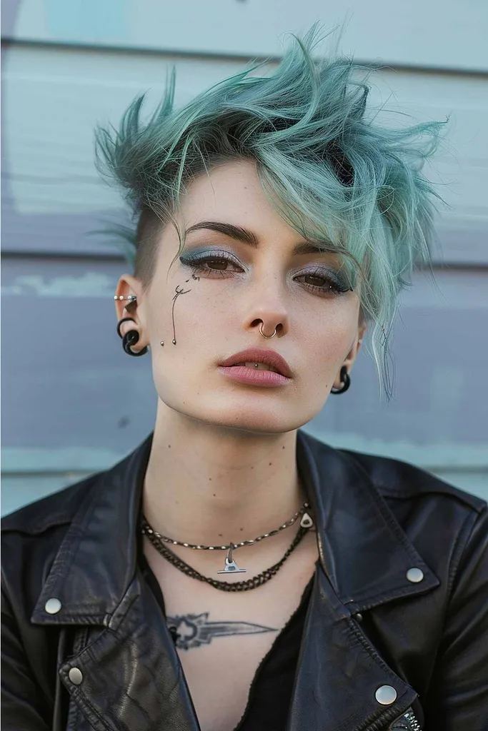 Zelený punk pixie strih z morskej peny so strapatými vrstvami a tmavými korienkami s podstrihnutím so zložitými vzormi pre živý umelecký vzhľad.' title=