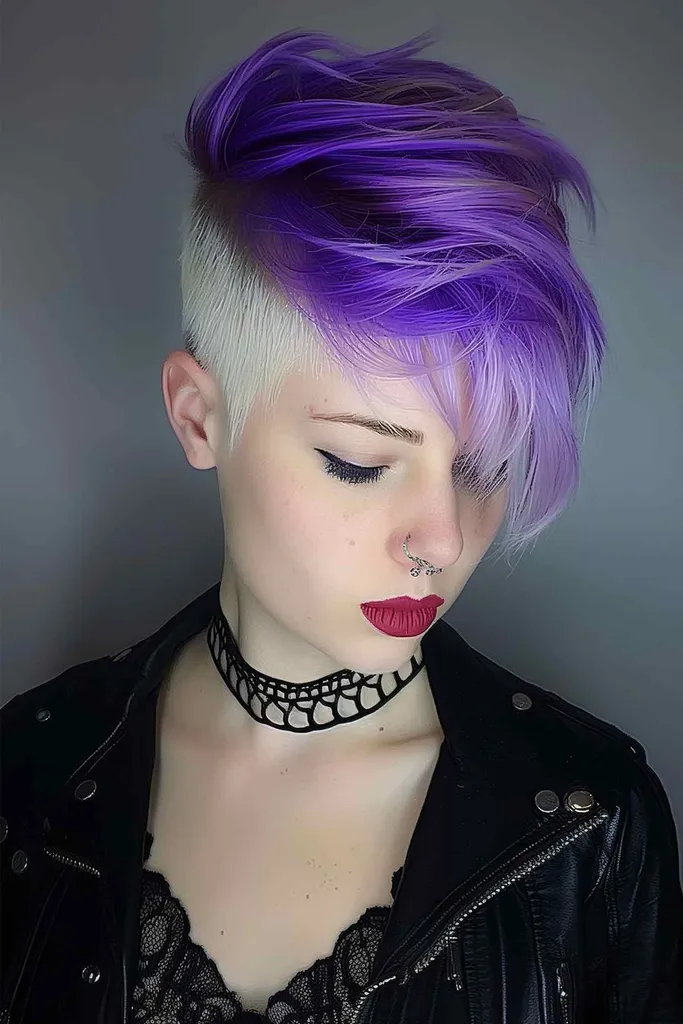 Punk pixie strih s dlhou fialovou ofinou a výraznými bielymi bokmi, ktoré ponúkajú výrazný farebný kontrast a všestranné možnosti štýlu.' title=