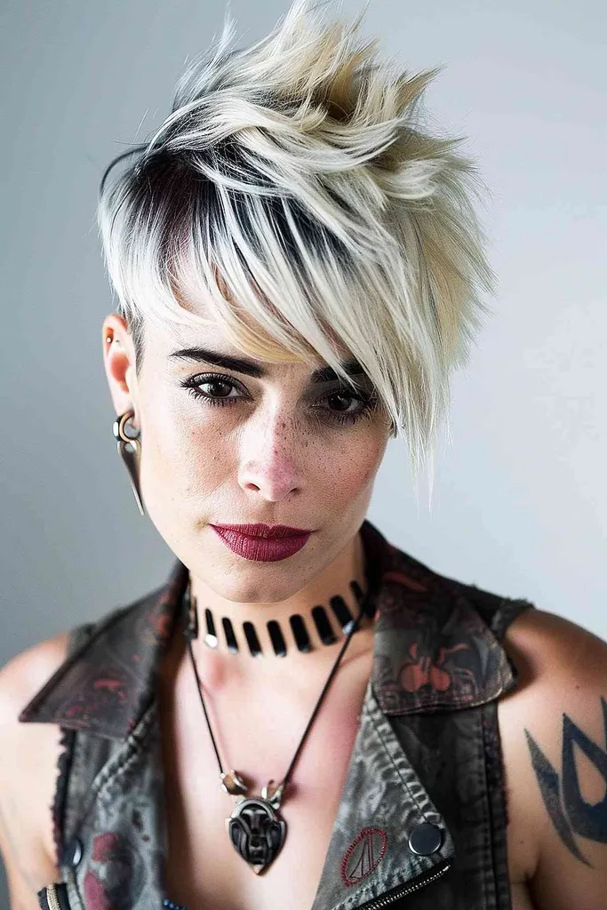 Punk pixie strih s dramatickou ofinou na boku v platinovej blond farbe a tmavým podstrihom, ktorý je ideálny pre odvážny a objemný vzhľad.' title=