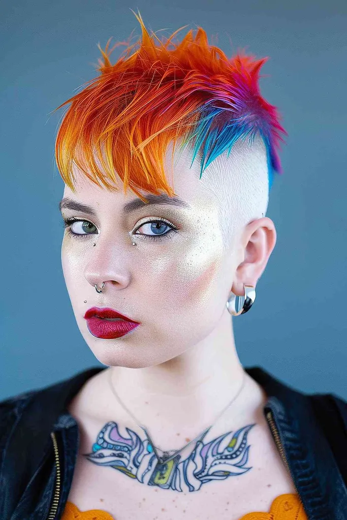Punk pixie strih so živým farebným prechodom od oranžovej a červenej navrchu po modrú na končekoch v štýle plošších okrúhlych tvarov tváre a ponúka nenáročnú údržbu.' title=