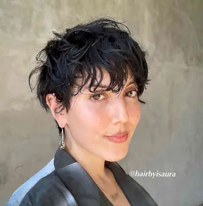 Jet Black Long Messy Pixie with Bangs and Choppy Ends for Long Faces