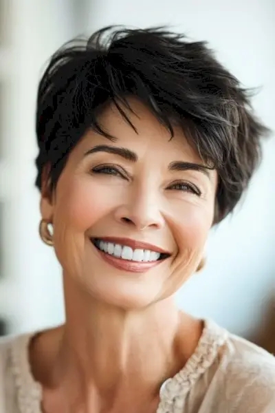 Pixie desgrenhada com franja.