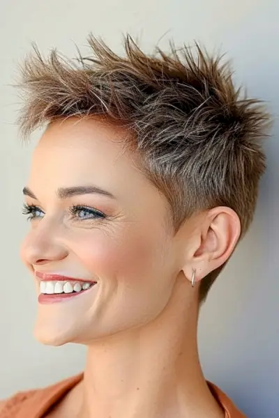 Pixie curto e espetado.
