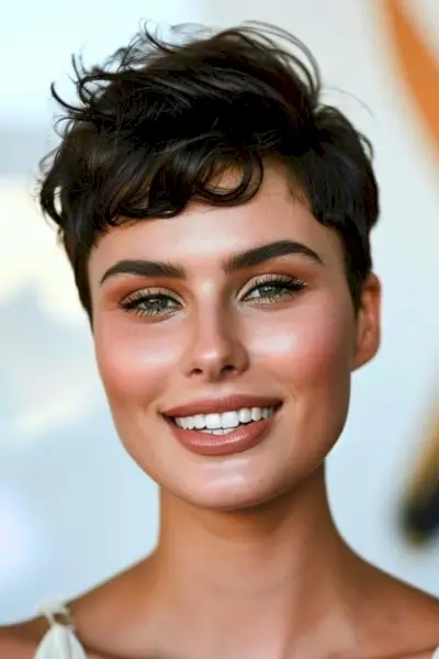 Franja enrolada com corte pixie.