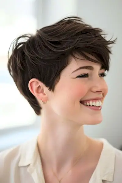 Corte pixie em camadas desgrenhadas.