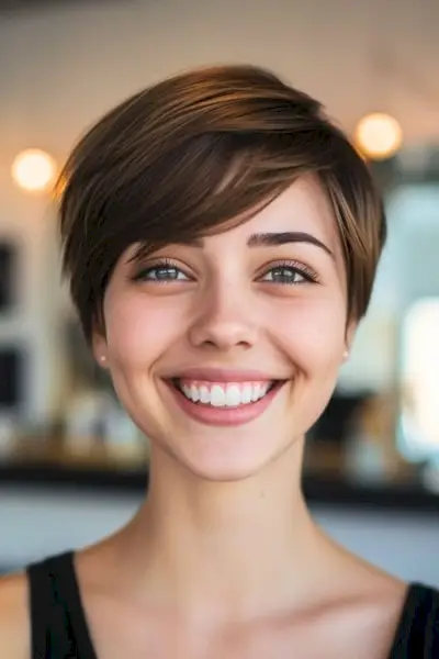 Corte reto marrom pixie com franja lateral.