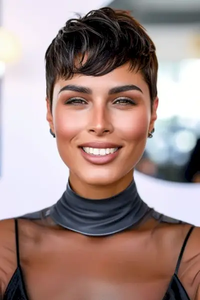 Corte de cabelo Pixie com franja enrolada sob ela.