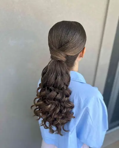 Brunette Hair with Long-Length Low Wrapped Curly Pony