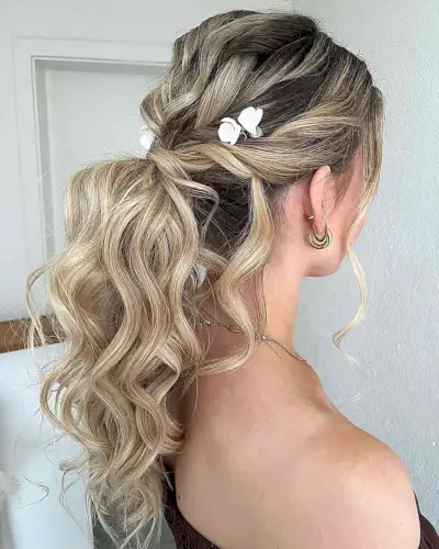 Curly Mid Back-Length Twist Ponytail with Piece-y Waves