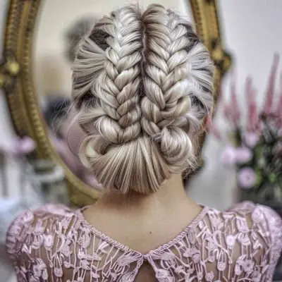 Stylish Double Braided Bun Prom Hairstyle for Long Hair