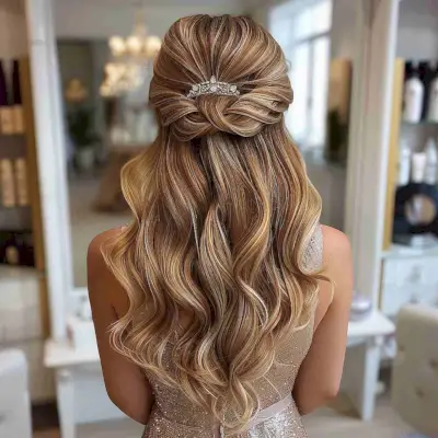 Picture of a vintage-inspired half updo for long hair and prom