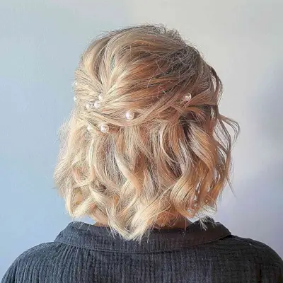 Textured Half-Up Short Style with Pearl Pins for Prom