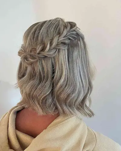 Braided Half-Up on a Wavy Blunt Bob on Thick and Dimensional Grey Hair