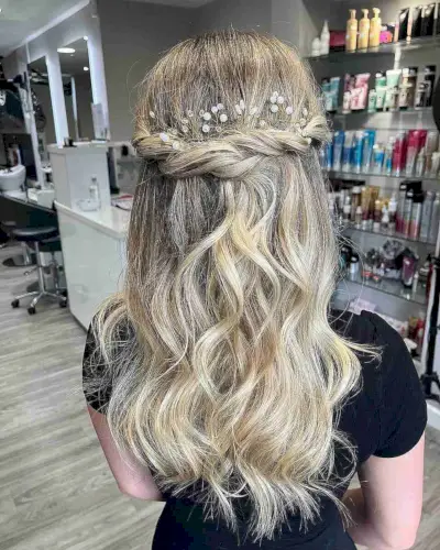 Wavy Prom Half Updo Down Style with Mini Flowers for Medium Hair