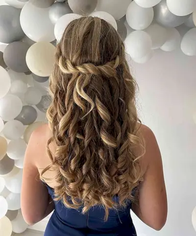 Cascading Twists and Curls on Downed Long Hair for Prom Night