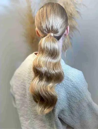 Soft Glam Prom Style on a Wavy Ponytail