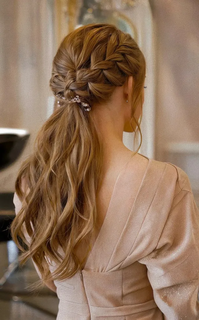 Prom flettet lav hestehale' title=