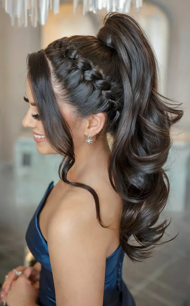 Høy hestehale med ansiktsramme og flette' title=