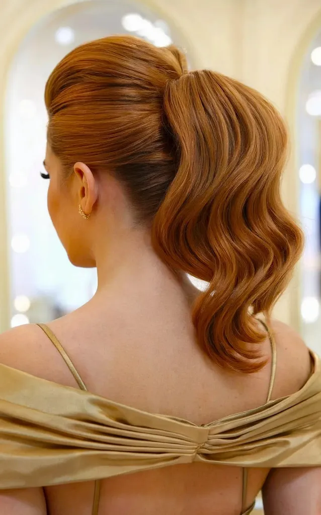 Høy ponni med kobber voluminøse bølger for ballkveld' title=