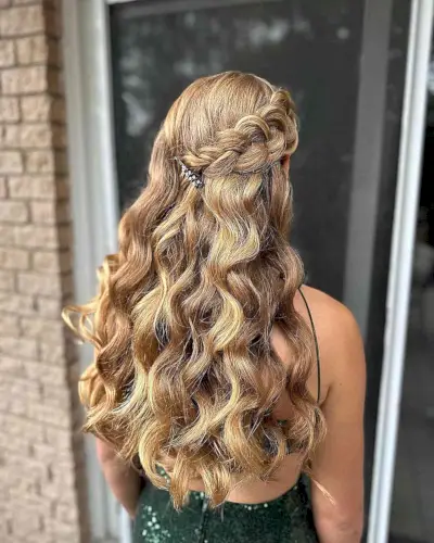 Half Braided Headband with Long-Length Loose Curls for Prom Night