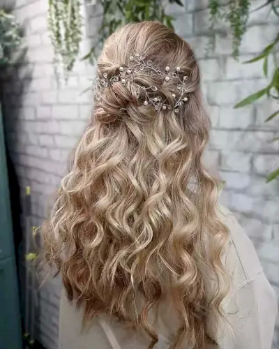 Prom Romantic Half Updo with Soft Curls for Long Haircut