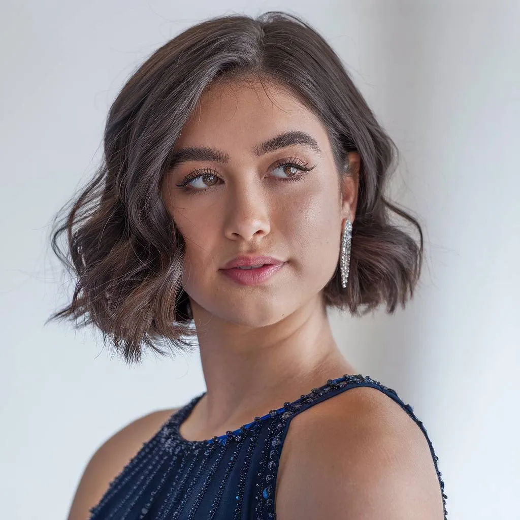 柔らかいプロムウェーブと深めのサイドパートを備えたあご丈のボブ' title=