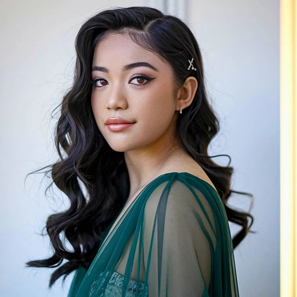 光沢仕上げと繊細なヘアピンを備えたサイドスイーププロムウェーブ' title=