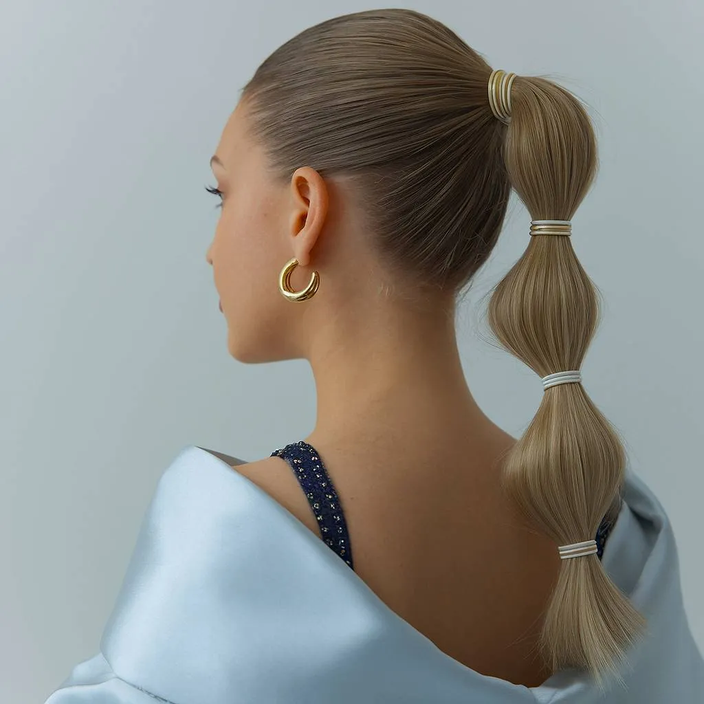 ヘアゴムを巻いた滑らかなバブル ポニーテール プロムのヘアスタイル' title=