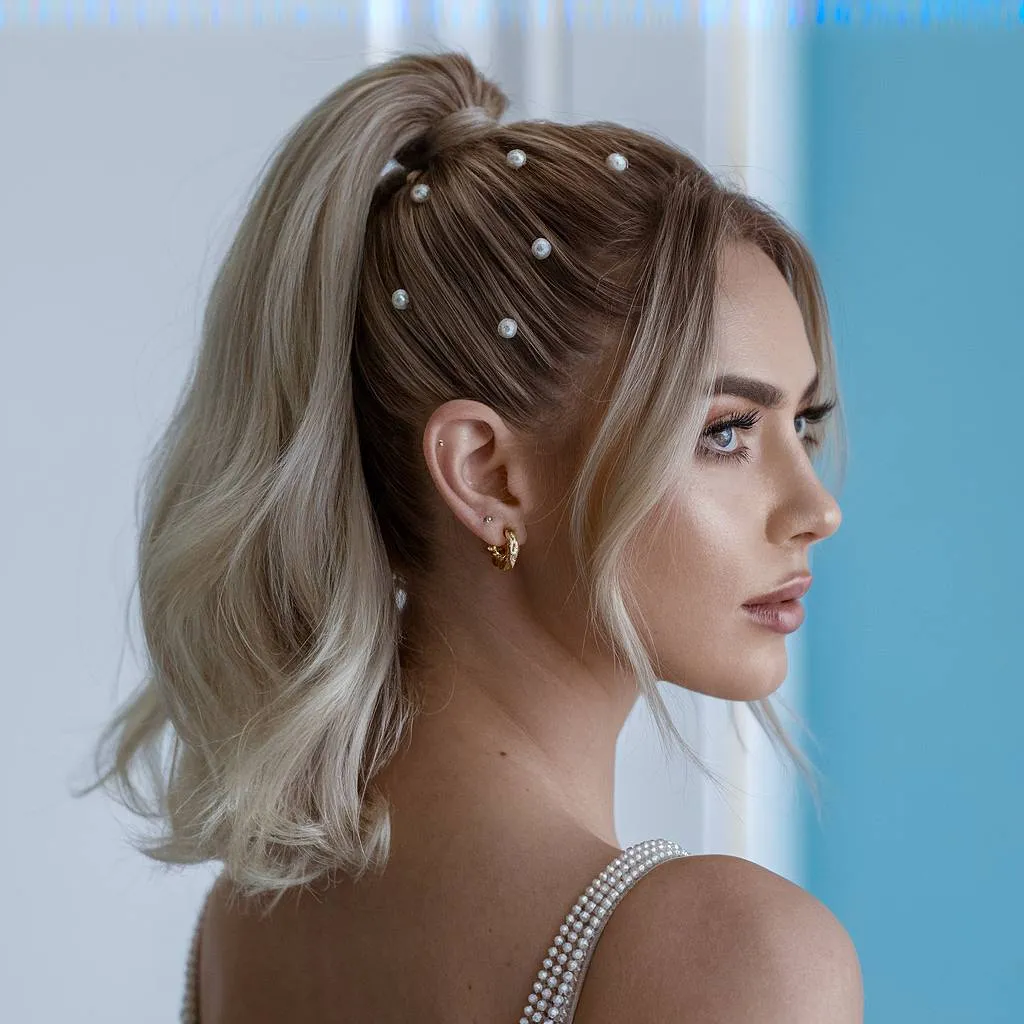 パールのアクセントとゆるくカールした先端のハイポニーテール プロム スタイル' title=