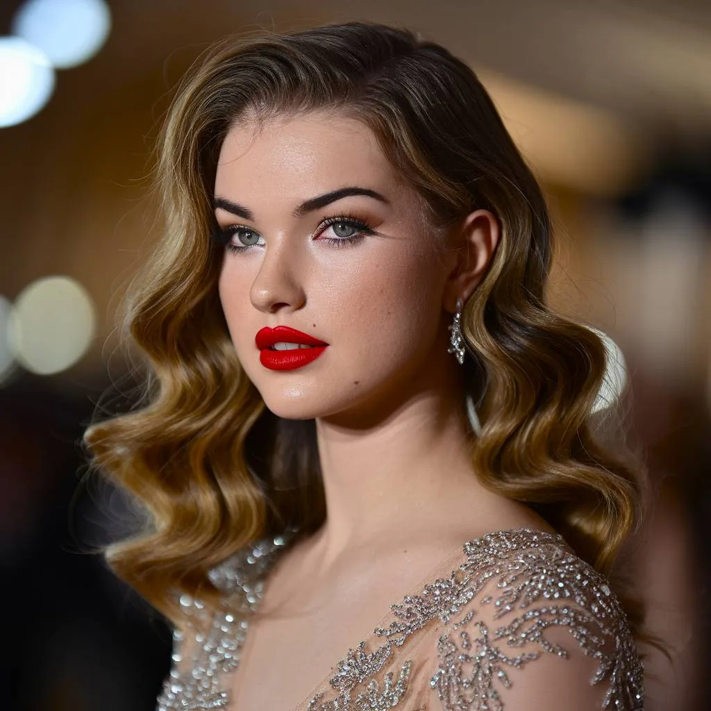 明確な光沢のある S カールと深めのサイド パートを特徴とする LuxeCascade ウェーブのプロム ヘアスタイル' title=