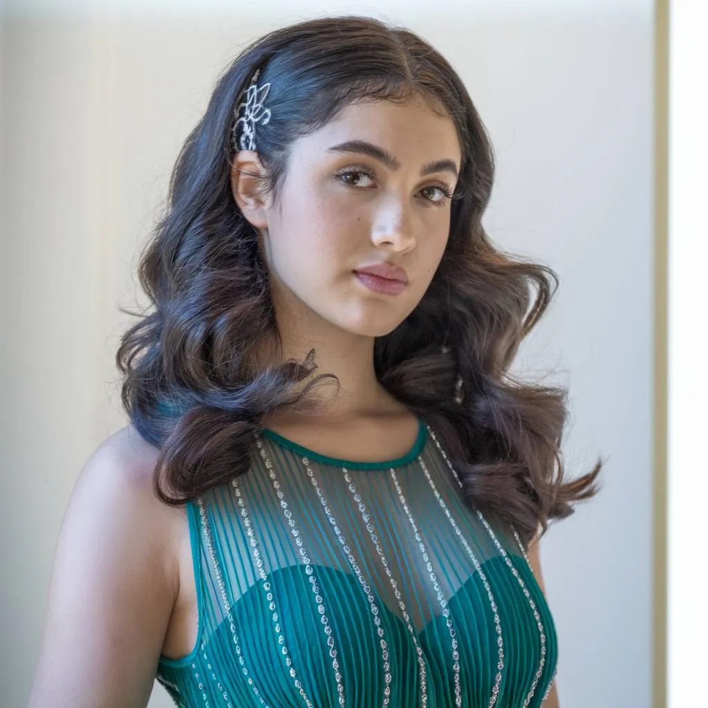 時代を超越したプロムのヘアスタイルに最適な、花柄のヘアクリップが付いたロマンチックなゆるいカール' title=