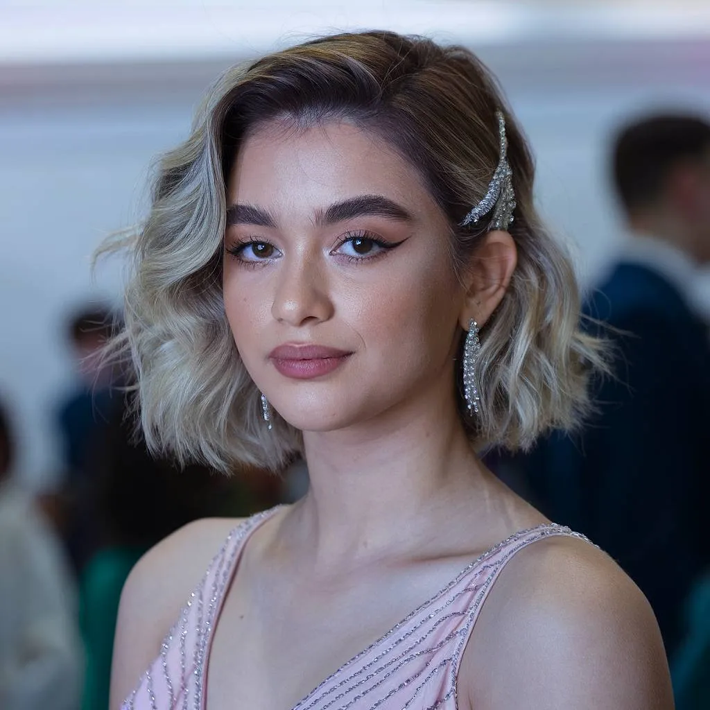 柔らかいウェーブとサイドのヘアアクセサリーが付いた乱れたショート ボブ プロムのヘアスタイル' title=