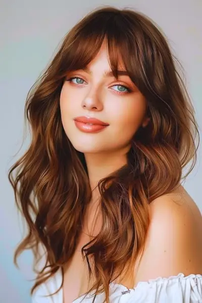 前髪のある柔らかいウェーブの長いプロムのヘアスタイルのアイデア。