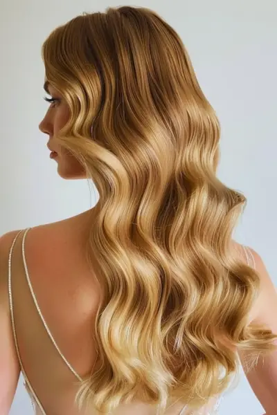 古いハリウッドはブロンドのプロムのヘアスタイルのアイデアを波します。