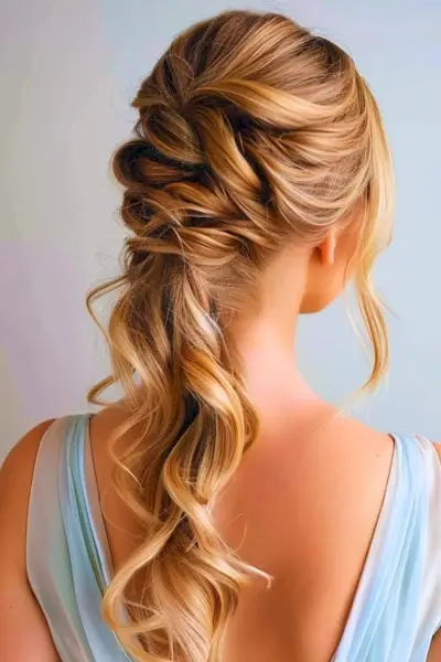 ハーフアップ、ハーフダウンのカーリーツイストプロムのヘアスタイルのアイデア。