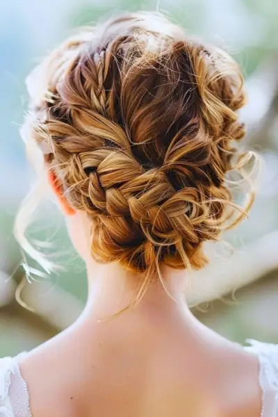 プロムのヘアスタイルのアイデアを強調した乱雑な編み込みシニヨン。