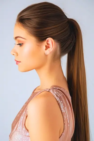 洗練されたストレート ポニーテール プロムのヘアスタイルのアイデア。