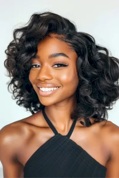 肩までの長さのレイヤードカールのプロムヘアスタイルのアイデア。