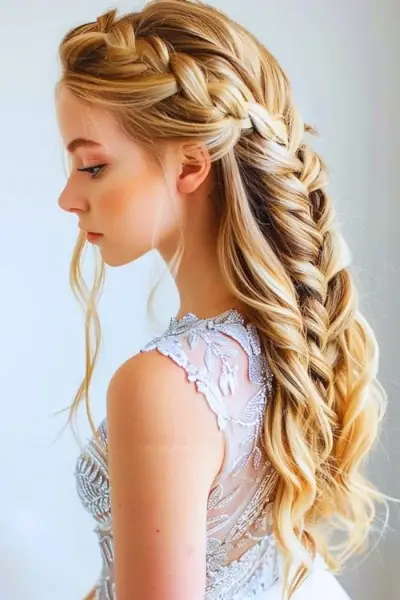 ウェーブ プロムのヘアスタイルのアイデアを添えたサイド ダッチ三つ編み。