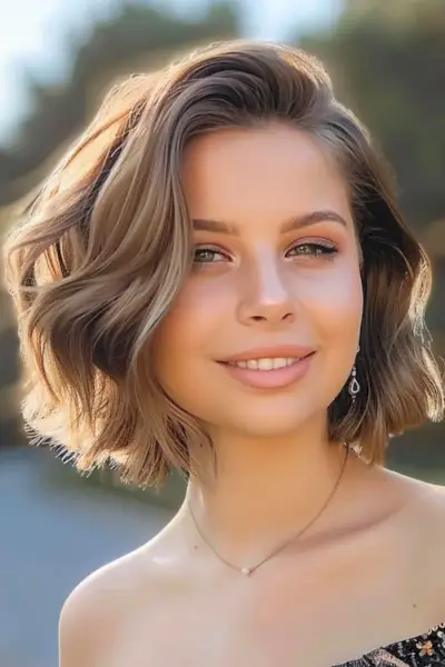 サイドパートのプロムヘアスタイルのアイデアを持つ短いウェーブのかかったボブ。