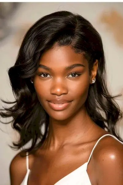 肩の長さでサイド部分が黒のプロムヘアスタイルのアイデア。