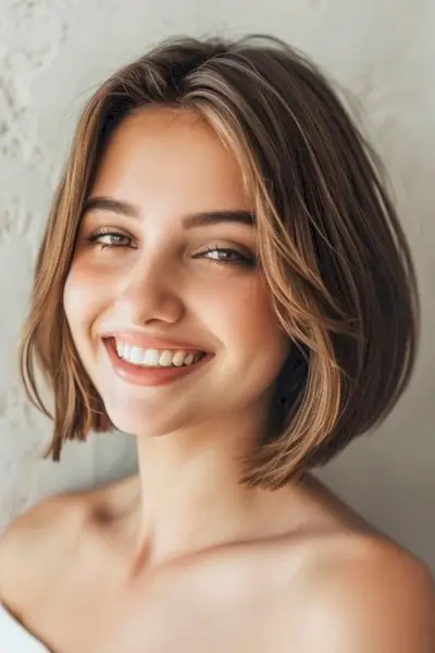 洗練されたストレートショートボブのプロムヘアスタイルのアイデア。