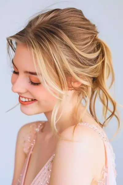 ゆるい乱雑なお団子プロムのヘアスタイルのアイデア。