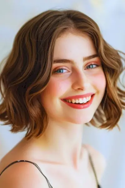 短いウェーブのかかったボブ プロムのヘアスタイルのアイデア。