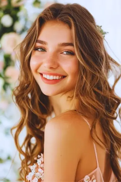 長く流れる波のプロムのヘアスタイルのアイデア。