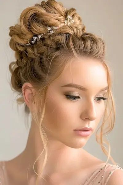 高くカールしたお団子ヘアスタイルのアイデアを編み込んだクラウン。